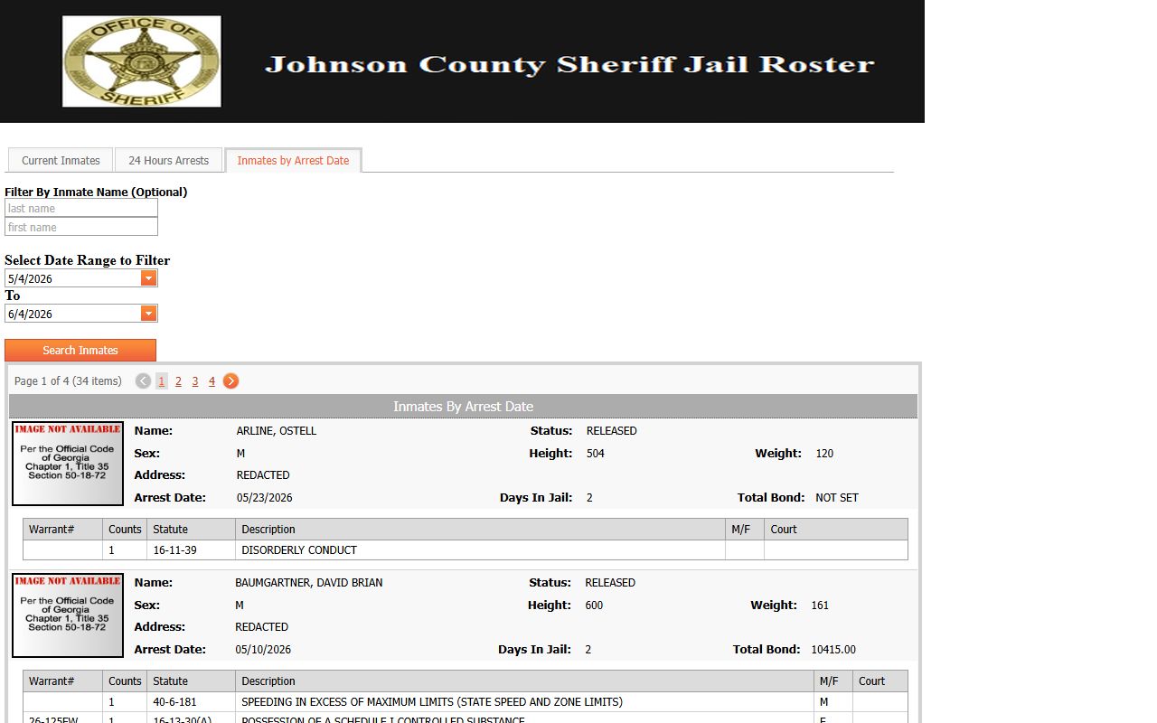 Johnson County inmate records arrest date search controls