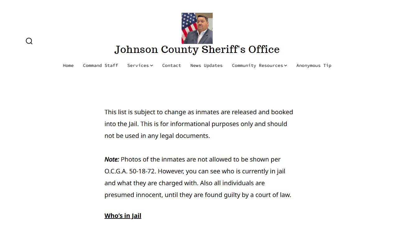 Johnson County Sheriff arrest inquiry page with roster notice and link