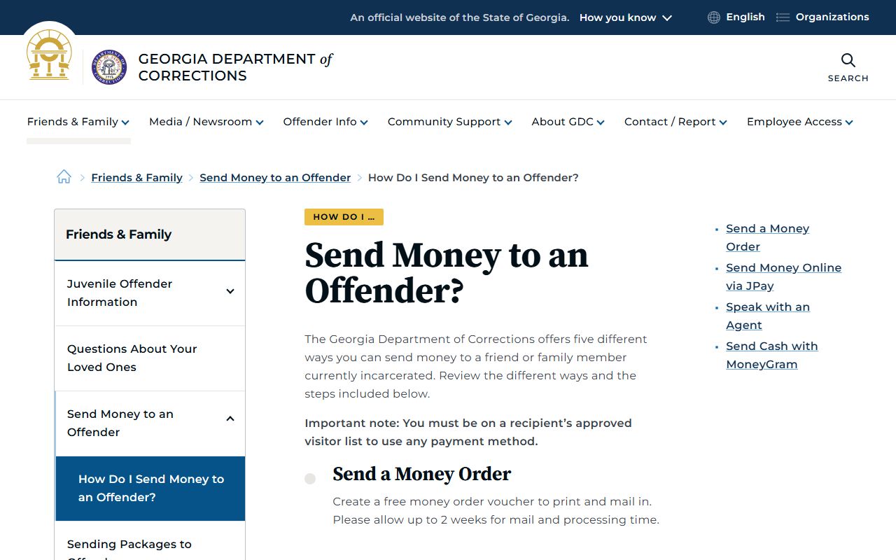 Georgia Department of Corrections send money options and fee examples